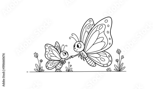 Sweet Butterfly Family Scene Mother Teaching Baby Butterfly to Fly Vector Art