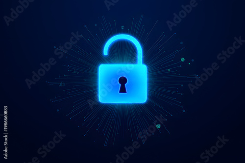 Glowing blue padlock with radiant lines on dark background