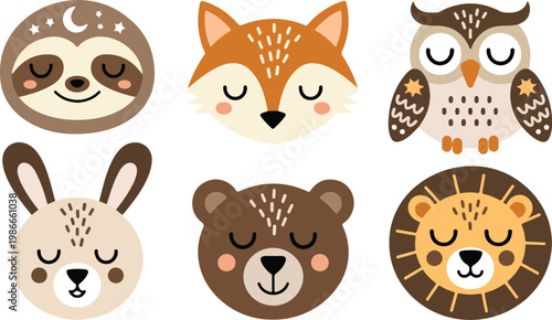 Cute woodland animal faces set flat vector illustration sleepy kawaii Scandinavian style forest animals minimal design isolated on white background
