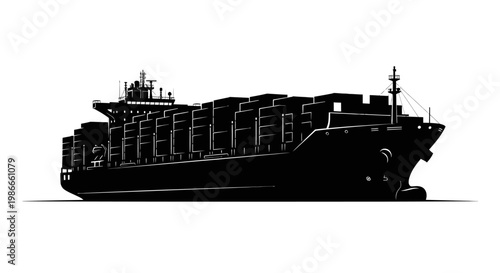 Large container cargo ship transporting goods across the ocean, global trade vessel isolated white background.