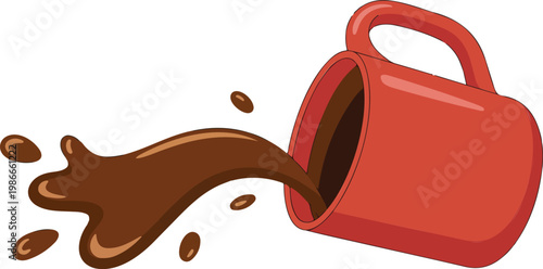 Tipped red coffee mug spilling coffee splash flat vector illustration curved liquid stream modern minimalist design isolated on white background
