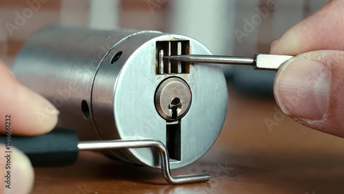 Close-Up View of Lock Cylinder Being Picked with Tools