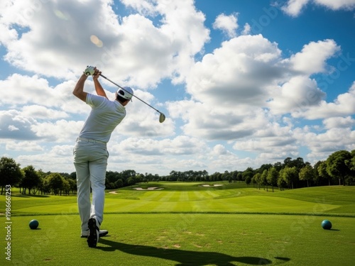 Golfer swinging club isolated on white background