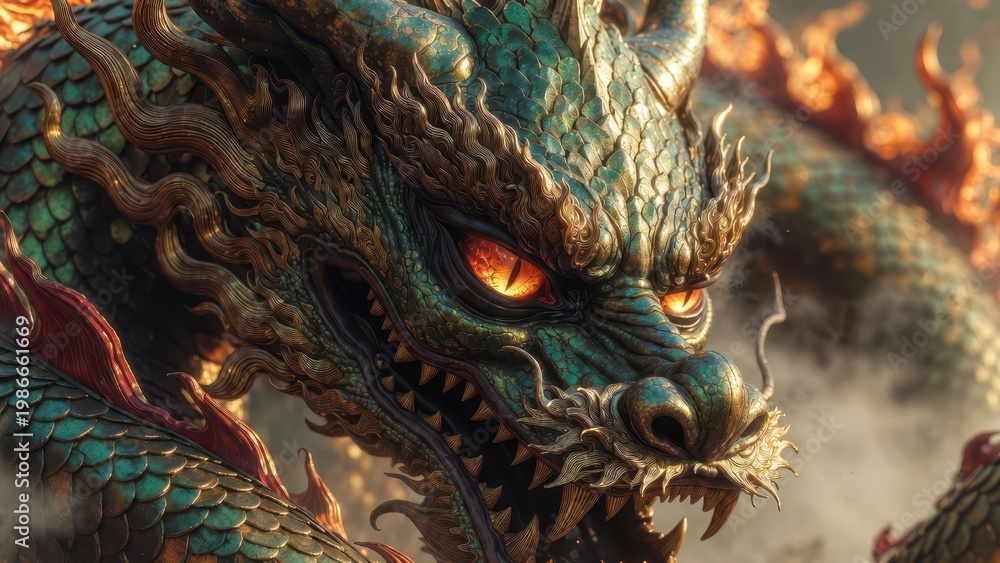 Obraz premium Majestic Green Dragon with Fiery Eyes and Intricate Scales