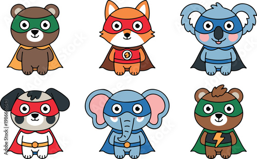 Cute animal superhero set flat cartoon vector illustration kawaii bears fox koala dog elephant hero characters with capes isolated on white background