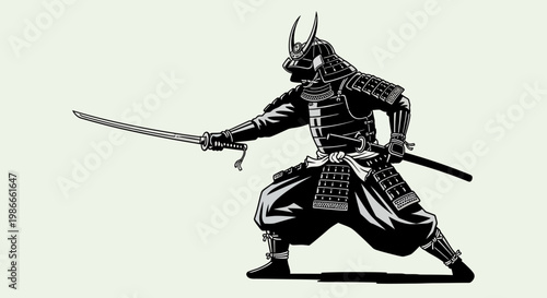 Focused Japanese samurai warrior holding katana sword in a powerful stance in bright studio.