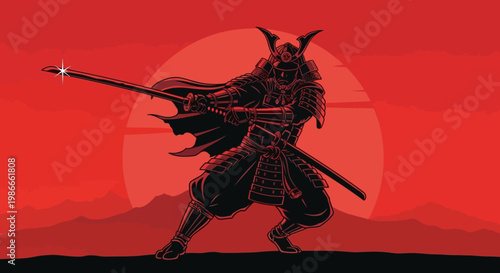 Brave Japanese samurai warrior with katana sword in dynamic pose against red sunset, stylized background.