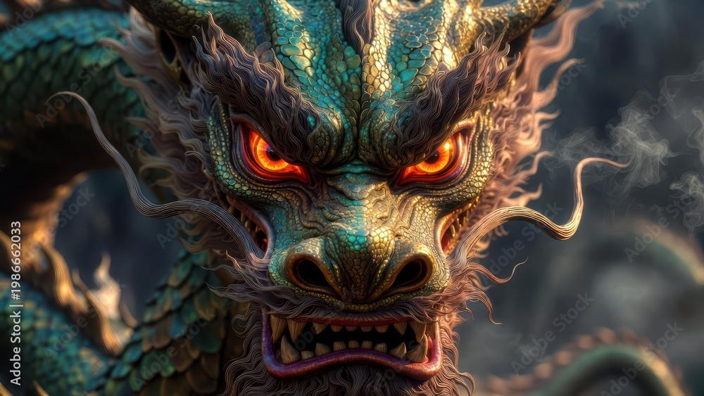 Fototapeta premium Fierce Dragon with Intense Eyes and Intricate Scales in Detail