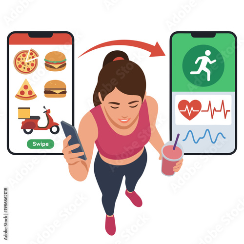 Woman tracks fitness on phone while ordering food on another device