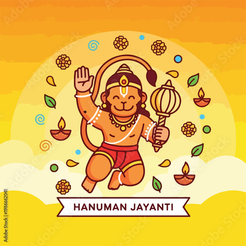 A cartoon illustration of a monkey deity in traditional Indian attire