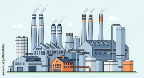Industrial Factory Complex with Smokestacks Emitting Smoke.
