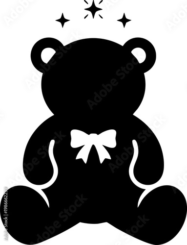Single teddy bear silhouette with bow tie and glowing stars on gray checkered background.