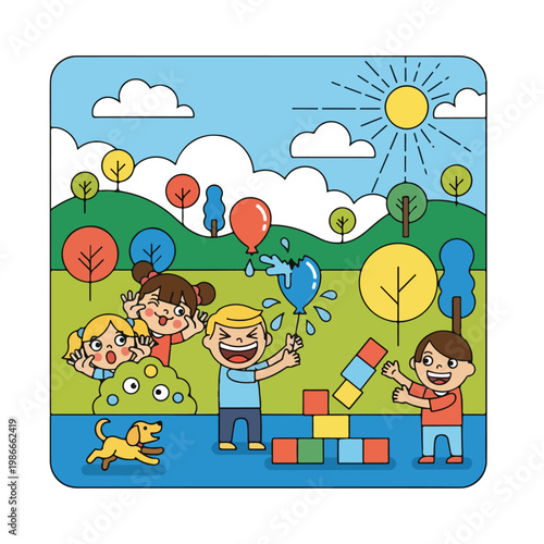 A cartoon illustration of children playing outside