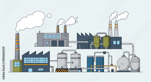 Industrial factory complex with smoking chimneys and pipelines.