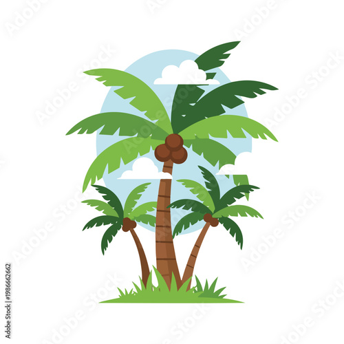 A cartoon illustration of three palm trees on a grassy area