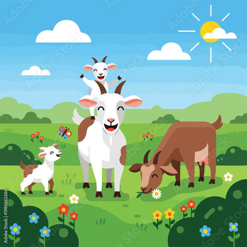 A cartoon illustration of goats in a field
