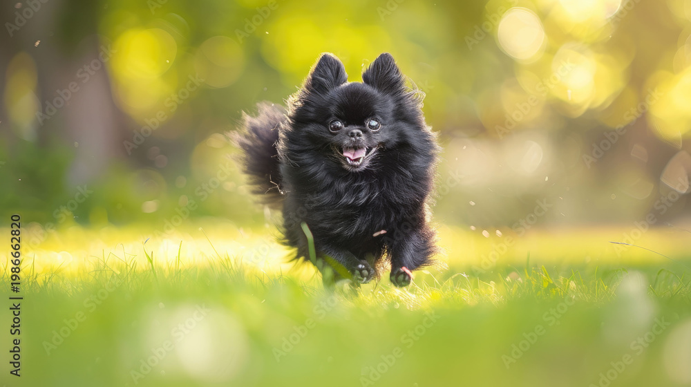 Obraz premium Happy black pomeranian dog running on green grass in sunny park, playful pet outdoor activity and joyful motion