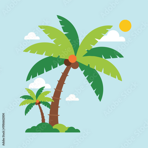 A cartoon illustration of two palm trees on a sunny day
