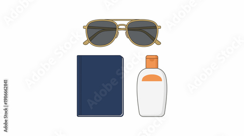 Flat vector illustration of summer travel essentials including aviator sunglasses, a blue notebook, and sunscreen bottle on white background