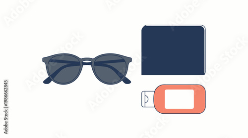 Minimalist flat vector illustration of summer travel essentials including dark sunglasses, blue passport, and orange sunscreen bottle isolated on white background