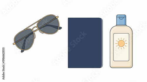 Set of travel essentials including aviator sunglasses, a blue passport, and sunscreen bottle isolated on white background