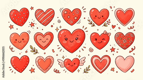 Set of cute hand drawn red heart illustrations with various patterns and smiley faces for Valentine's Day decoration