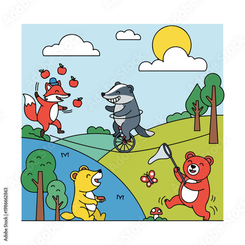 A cartoon illustration of woodland creatures playing