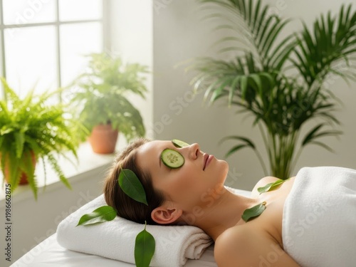 Woman relaxing with cucumber slices on eyes isolated on white background isolated on white background