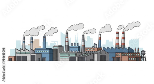 Industrial factory complex with smoking chimneys and buildings.