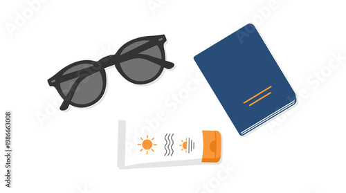 Minimalist flat vector illustration of summer travel essentials including sunglasses, passport, and sunscreen tube on white background