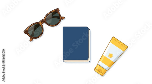 Summer travel essentials vector illustration with sunglasses, blue notebook, and sunscreen tube on white background
