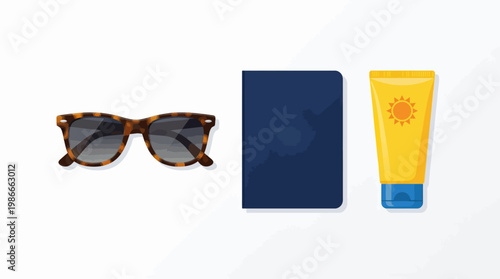 Set of travel essentials including tortoiseshell sunglasses, blue passport cover, and yellow sunscreen tube on white background