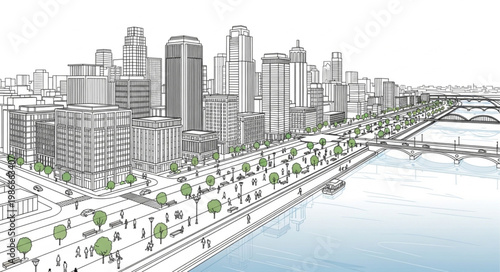 Cityscape sketch with modern buildings and waterfront promenade.