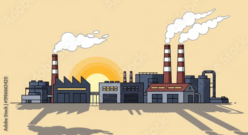 Industrial Factory Buildings Emitting Smoke Against Sunset Sky.