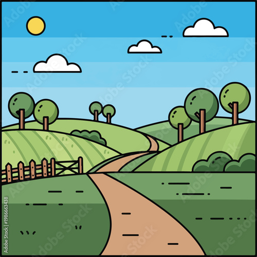 A cartoon landscape with a dirt road and green hills