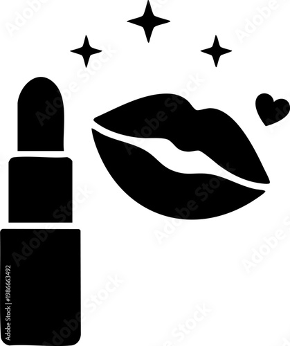 Cosmetic lipstick applicator with kiss mark and decorative sparkles in minimalist black as.