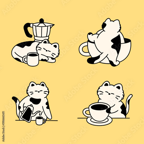 Set of four calico cat coffee shop scenes: napping, sitting in a mug, pouring coffee, and serving. Graphic mascot illustration.