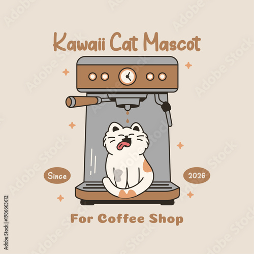 Calico cat catching dripping espresso from vintage machine with tongue out, tilting head back. Kawaii mascot illustration.