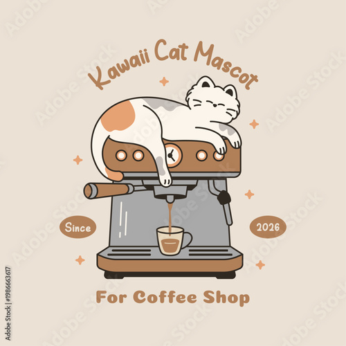Calico cat sleeping on top of vintage espresso machine with wood panels, coffee cup catching stream below. Kawaii mascot illustration.
