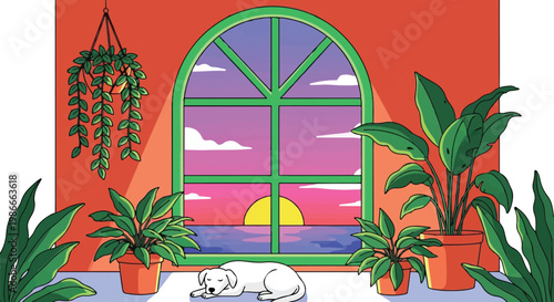 A white dog sleeps peacefully on the floor in front of a large green window with potted plants on a red wall at sunset