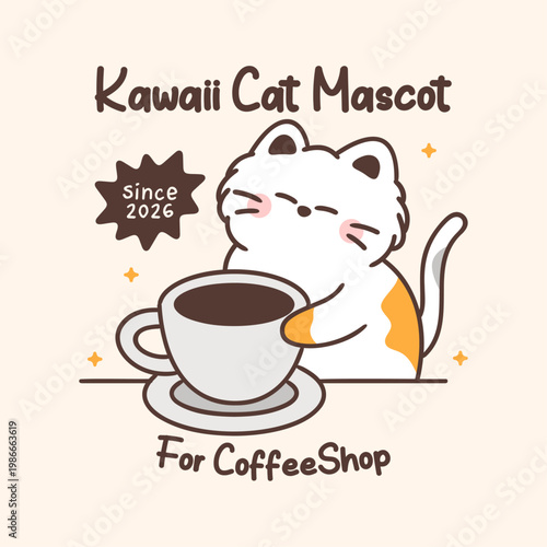 Calico cat holding large coffee cup on saucer behind counter, orange patches on side and tail. Kawaii mascot with pink blush.