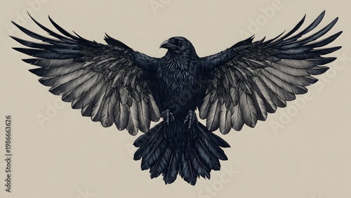 Dark raven with wings spread, tattoo style inspiration