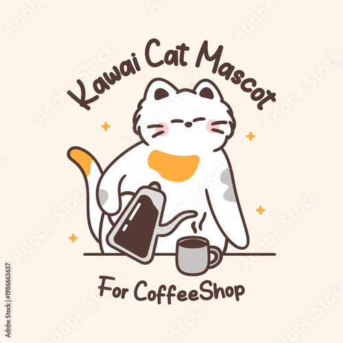 Calico cat pouring coffee from modern pour-over kettle into mug behind counter, orange patches on chest and tail. Kawaii mascot illustration.
