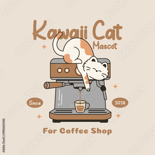 Calico cat climbing on vintage espresso machine from above-behind perspective, paws dangling over edge. Kawaii mascot illustration.