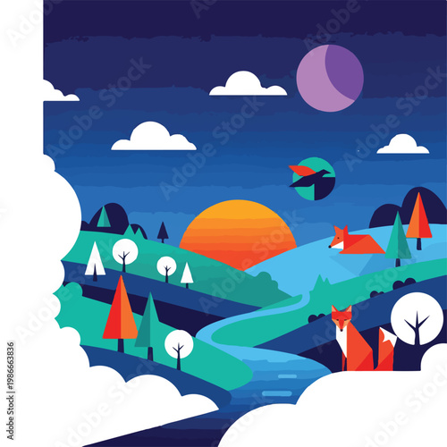 A serene landscape with two foxes