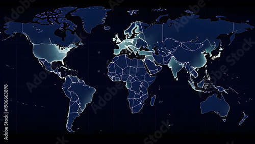 World map with country borders on dark blue background