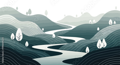 A serene landscape with winding river and trees on hills