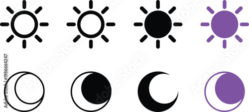 Sun and moon icon, illustration, vector day night mode buttons representing brightness control dark mode and UI settings design concept.