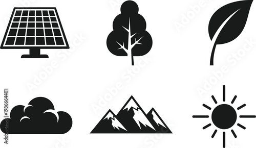 Sun leaf eco icon set solar nature and environmental sustainability graphics