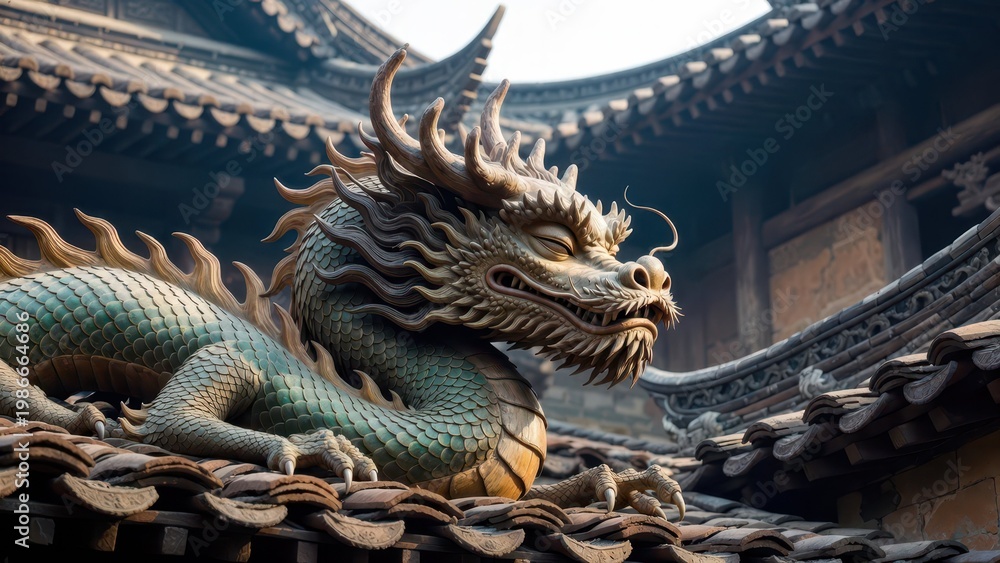 Fototapeta premium Majestic Dragon Sculpture on Traditional Asian Rooftop